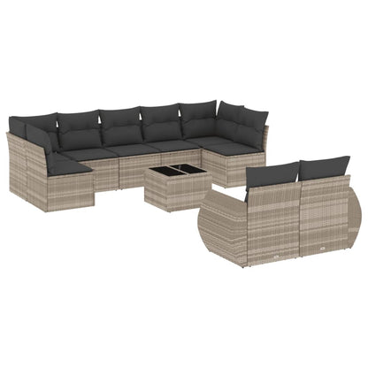 10-delige Loungeset met kussens poly rattan lichtgrijs