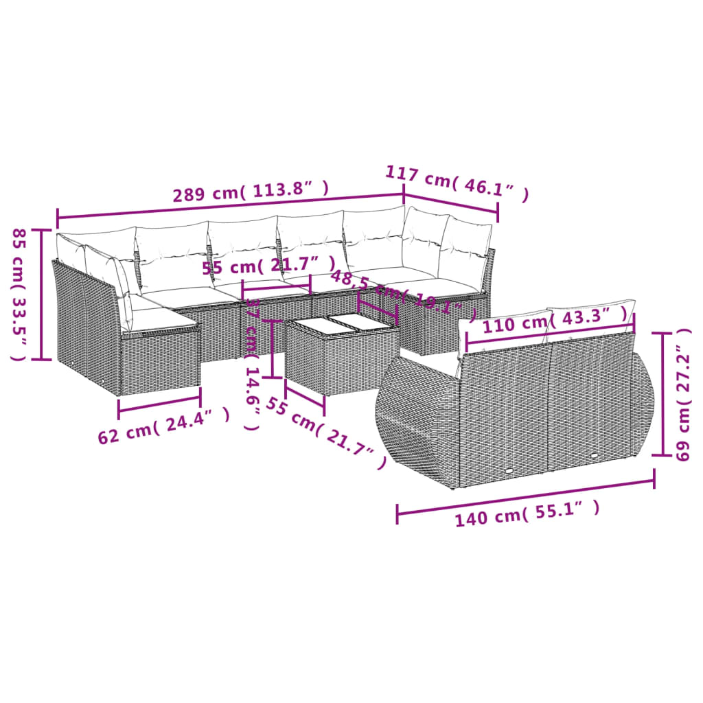 10-delige Loungeset met kussens poly rattan lichtgrijs