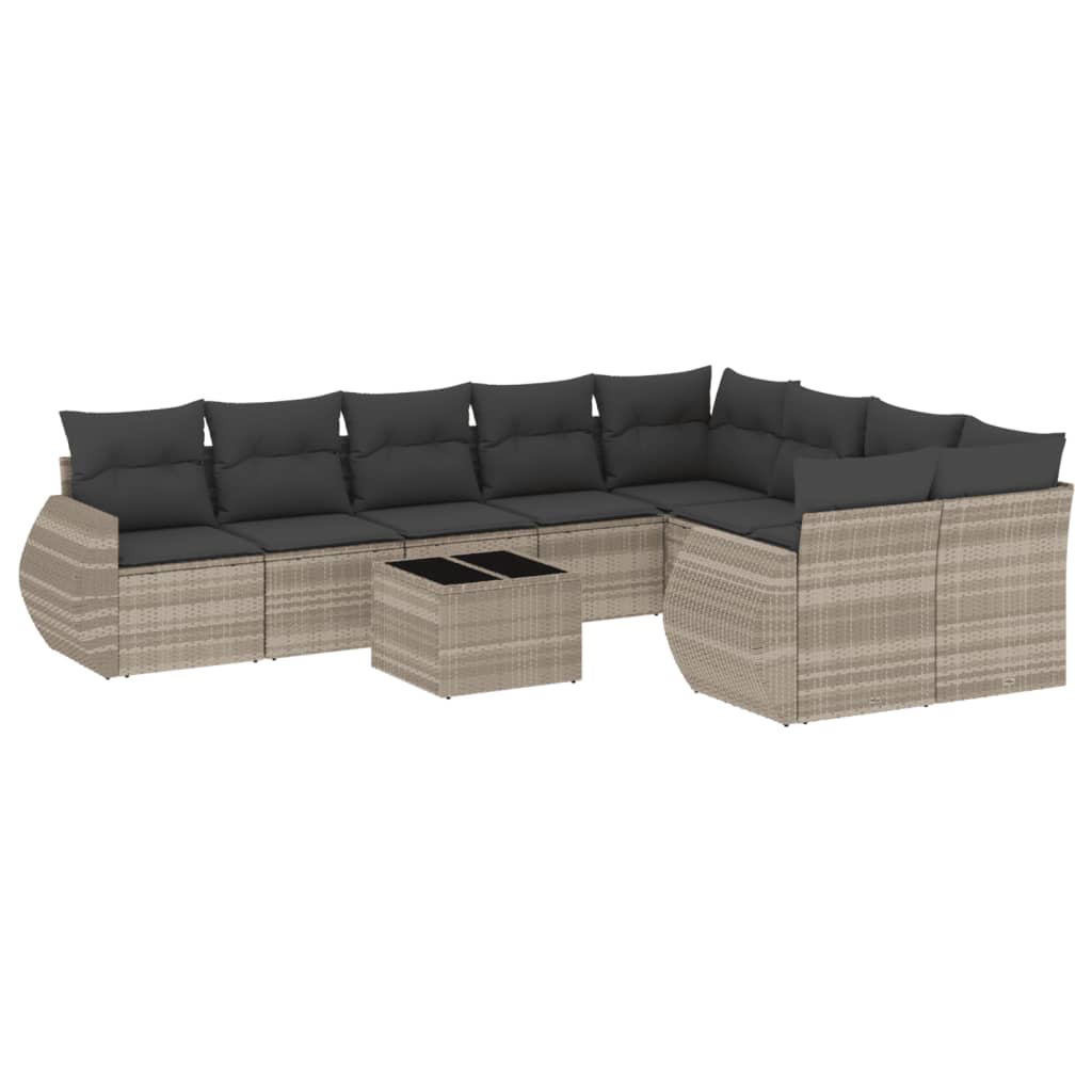 10-delige Loungeset met kussens poly rattan lichtgrijs