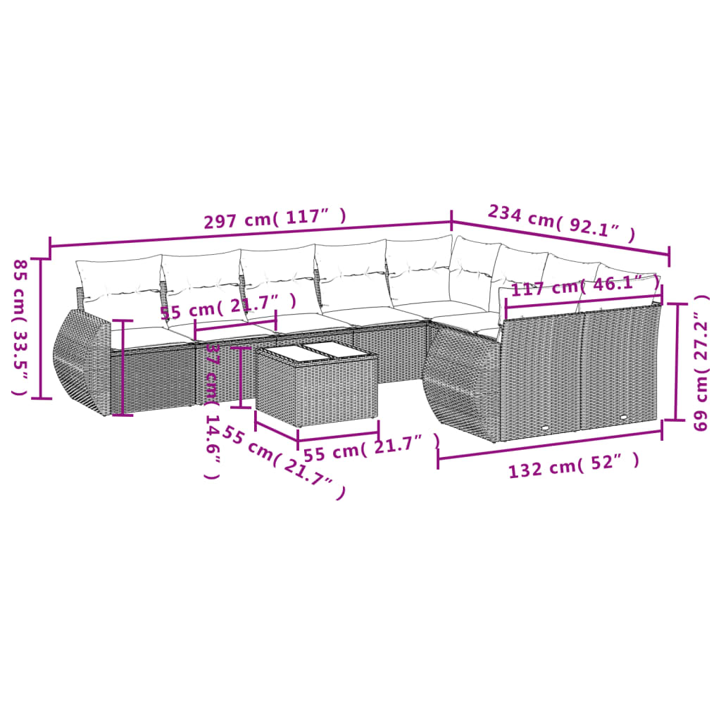 10-delige Loungeset met kussens poly rattan lichtgrijs