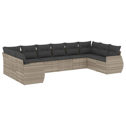 10-delige Loungeset met kussens poly rattan lichtgrijs