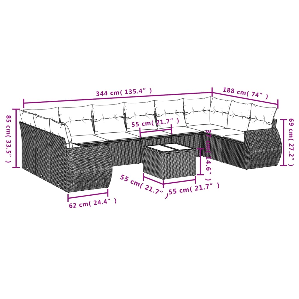 10-delige Loungeset met kussens poly rattan lichtgrijs