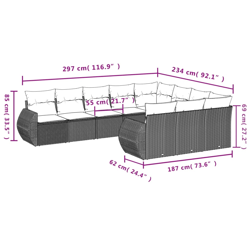 10-delige Loungeset met kussens poly rattan lichtgrijs