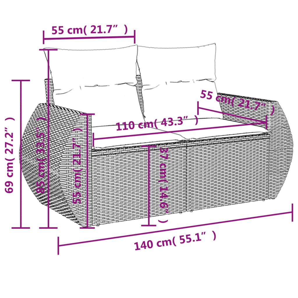 10-delige Loungeset met kussens poly rattan lichtgrijs