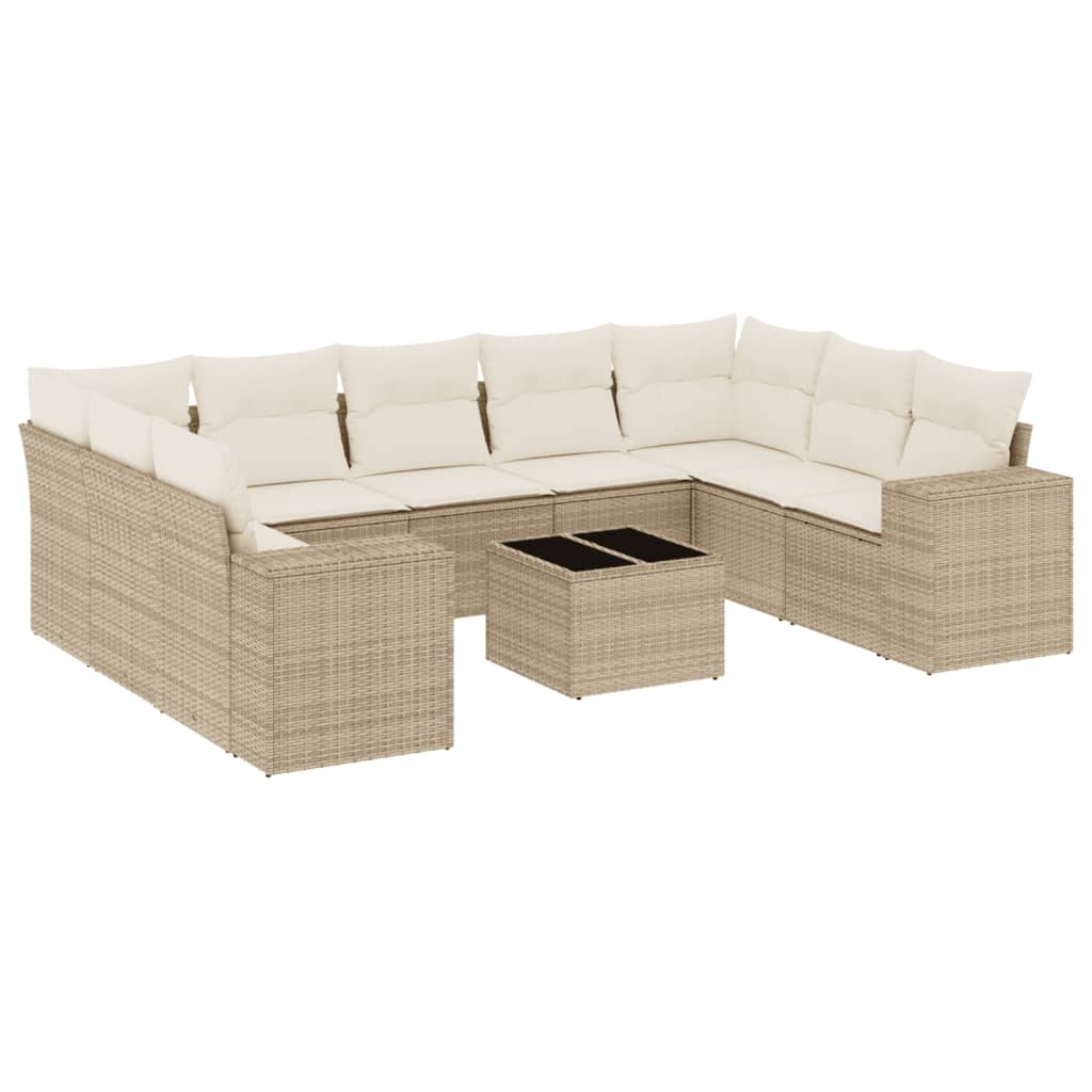 10-delige Loungeset met kussens poly rattan beige