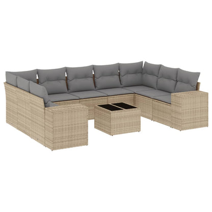 10-delige Loungeset met kussens poly rattan beige