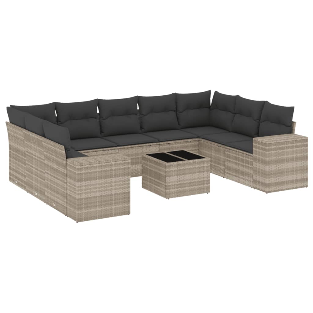 10-delige Loungeset met kussens poly rattan lichtgrijs