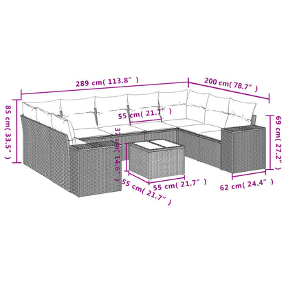 10-delige Loungeset met kussens poly rattan lichtgrijs