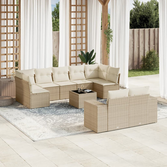 10-delige Loungeset met kussens poly rattan beige