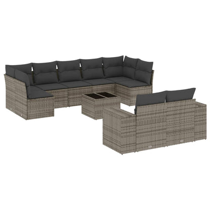 10-delige Loungeset met kussens poly rattan grijs