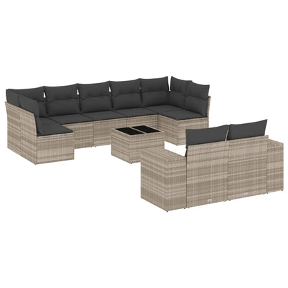 10-delige Loungeset met kussens poly rattan lichtgrijs