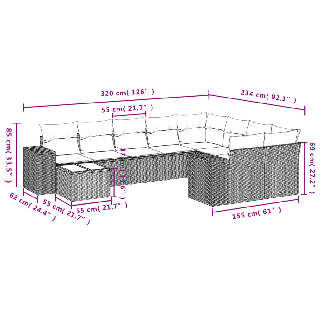 10-delige Loungeset met kussens poly rattan grijs