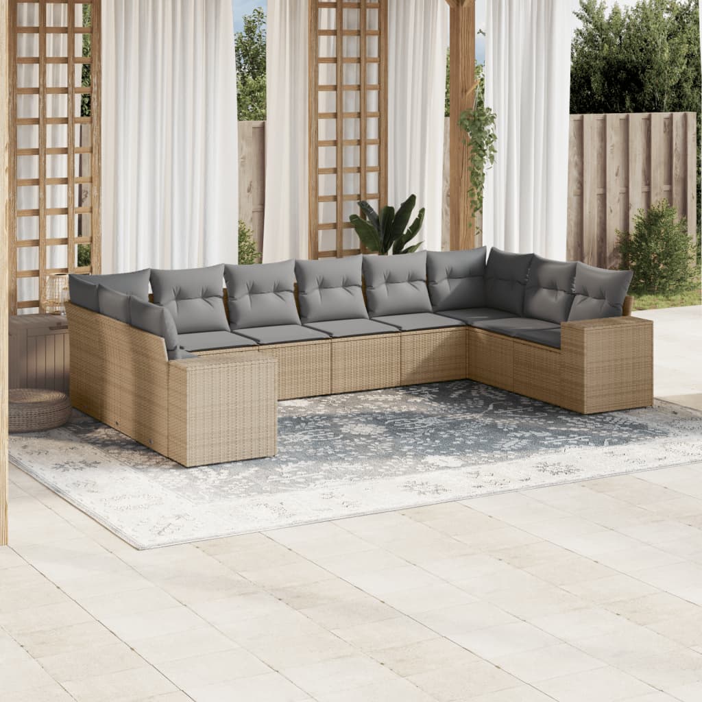 10-delige Loungeset met kussens poly rattan beige