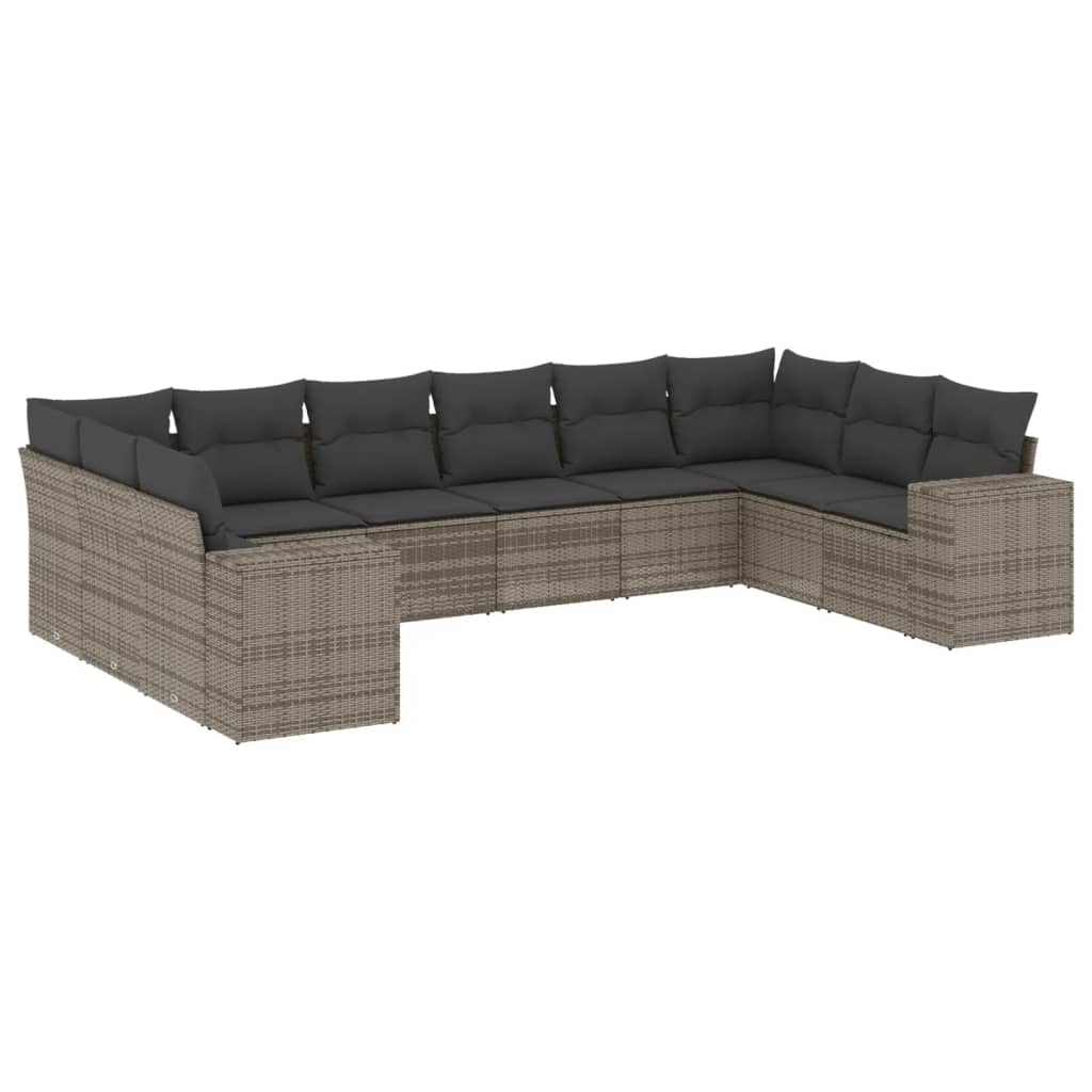 10-delige Loungeset met kussens poly rattan grijs