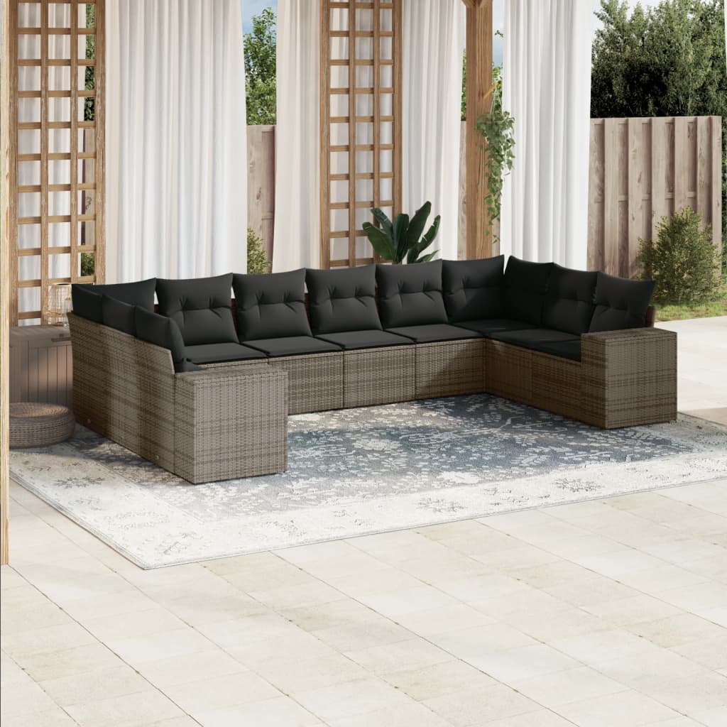 10-delige Loungeset met kussens poly rattan grijs