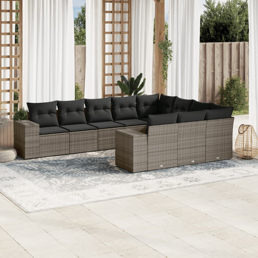 10-delige Loungeset met kussens poly rattan grijs