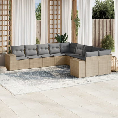 10-delige Loungeset met kussens poly rattan beige