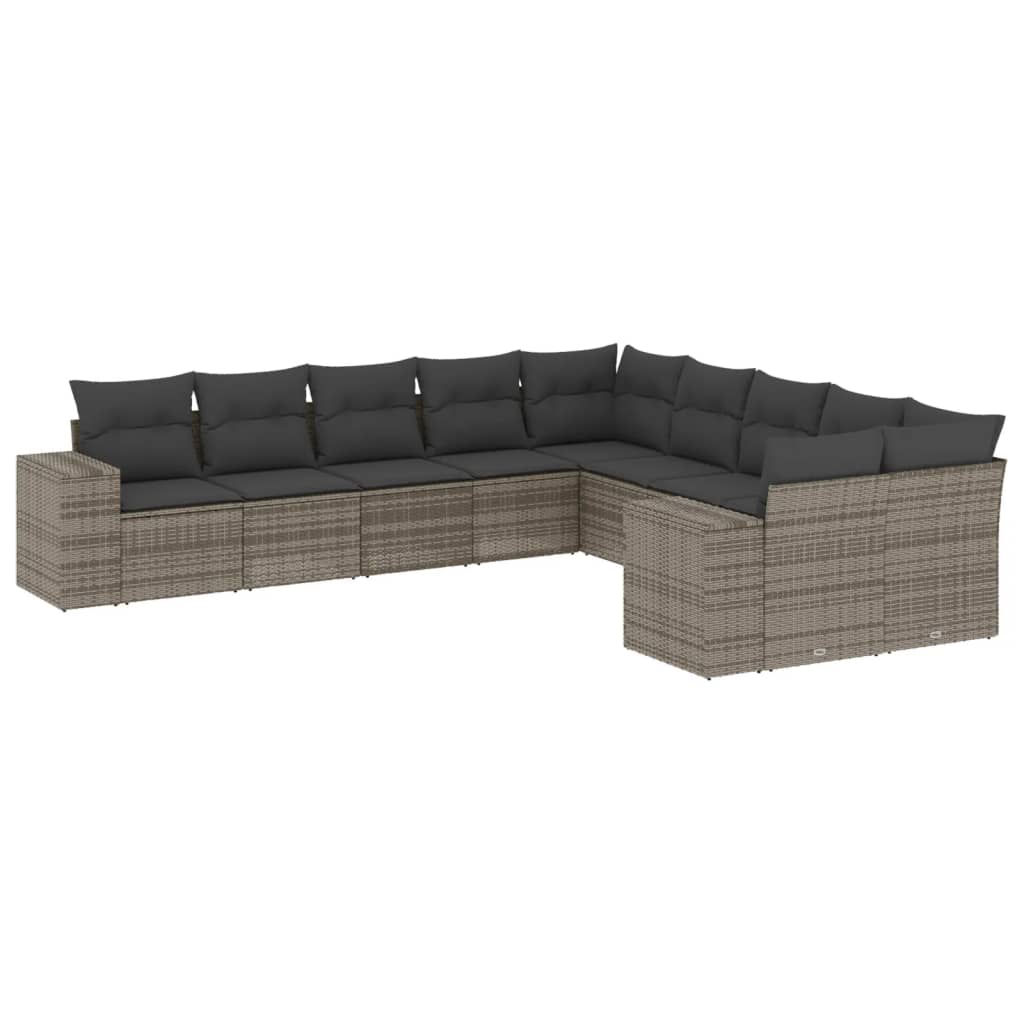 10-delige Loungeset met kussens poly rattan grijs