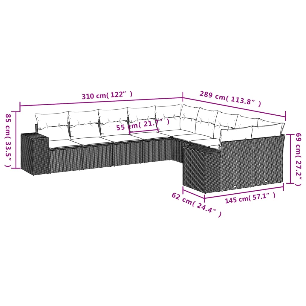 10-delige Loungeset met kussens poly rattan lichtgrijs