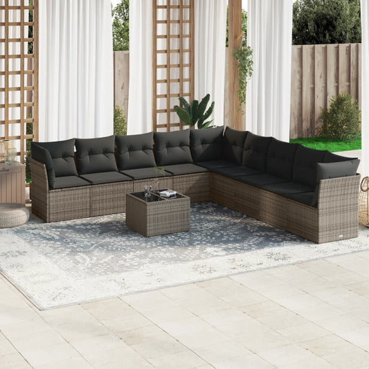 10-delige Loungeset met kussens poly rattan grijs