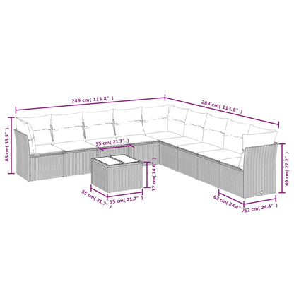 10-delige Loungeset met kussens poly rattan lichtgrijs