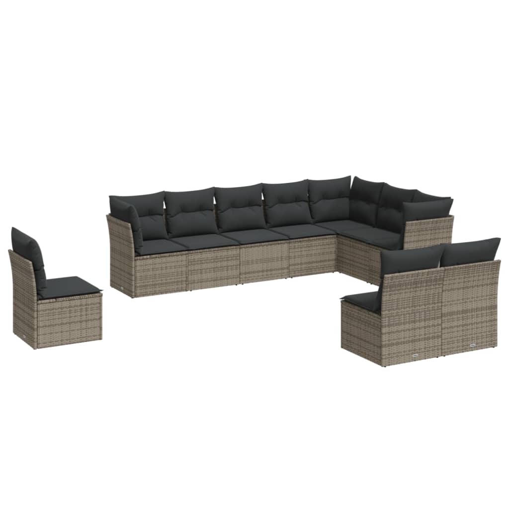 10-delige Loungeset met kussens poly rattan grijs