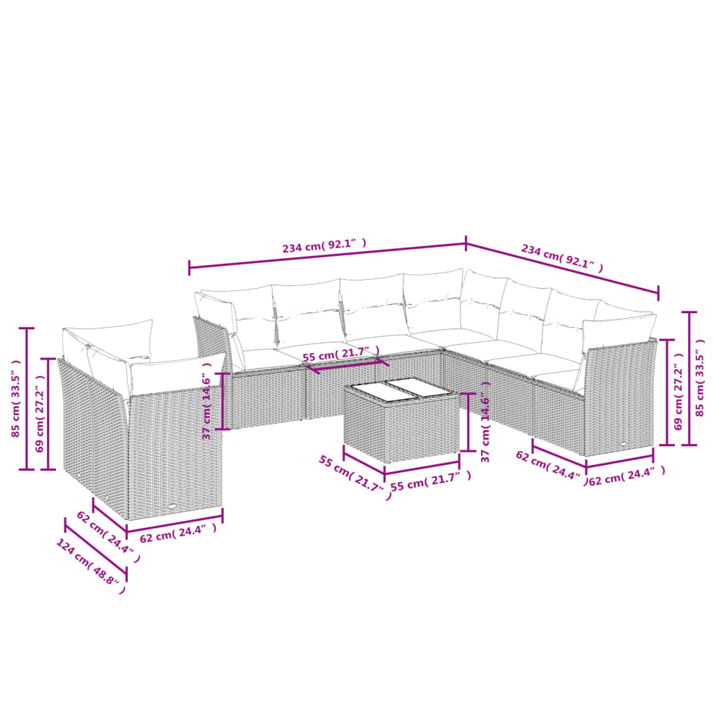 10-delige Loungeset met kussens poly rattan grijs