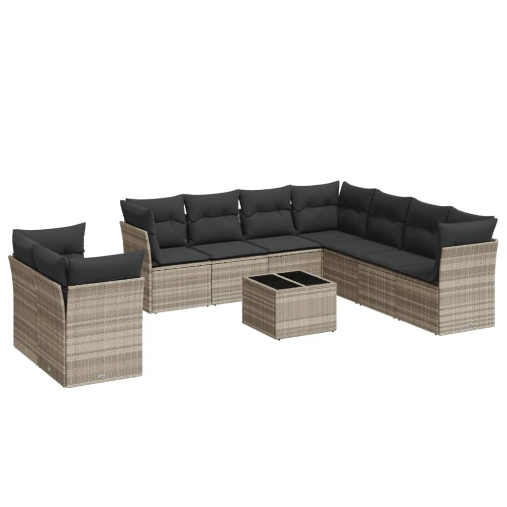 10-delige Loungeset met kussens poly rattan lichtgrijs