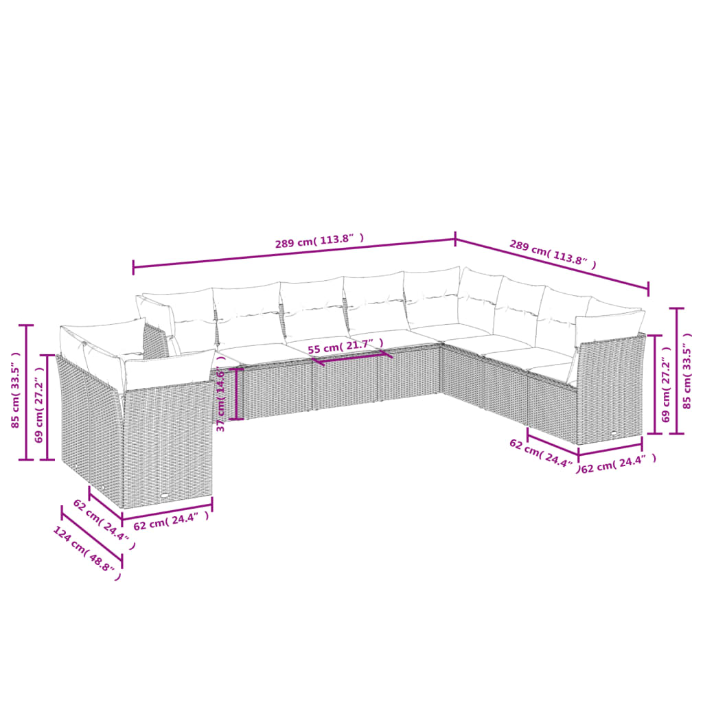 10-delige Loungeset met kussens poly rattan grijs