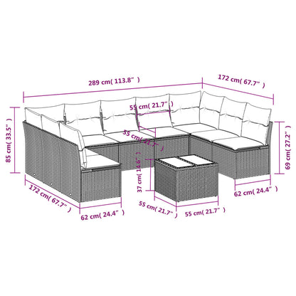 10-delige Loungeset met kussens poly rattan grijs