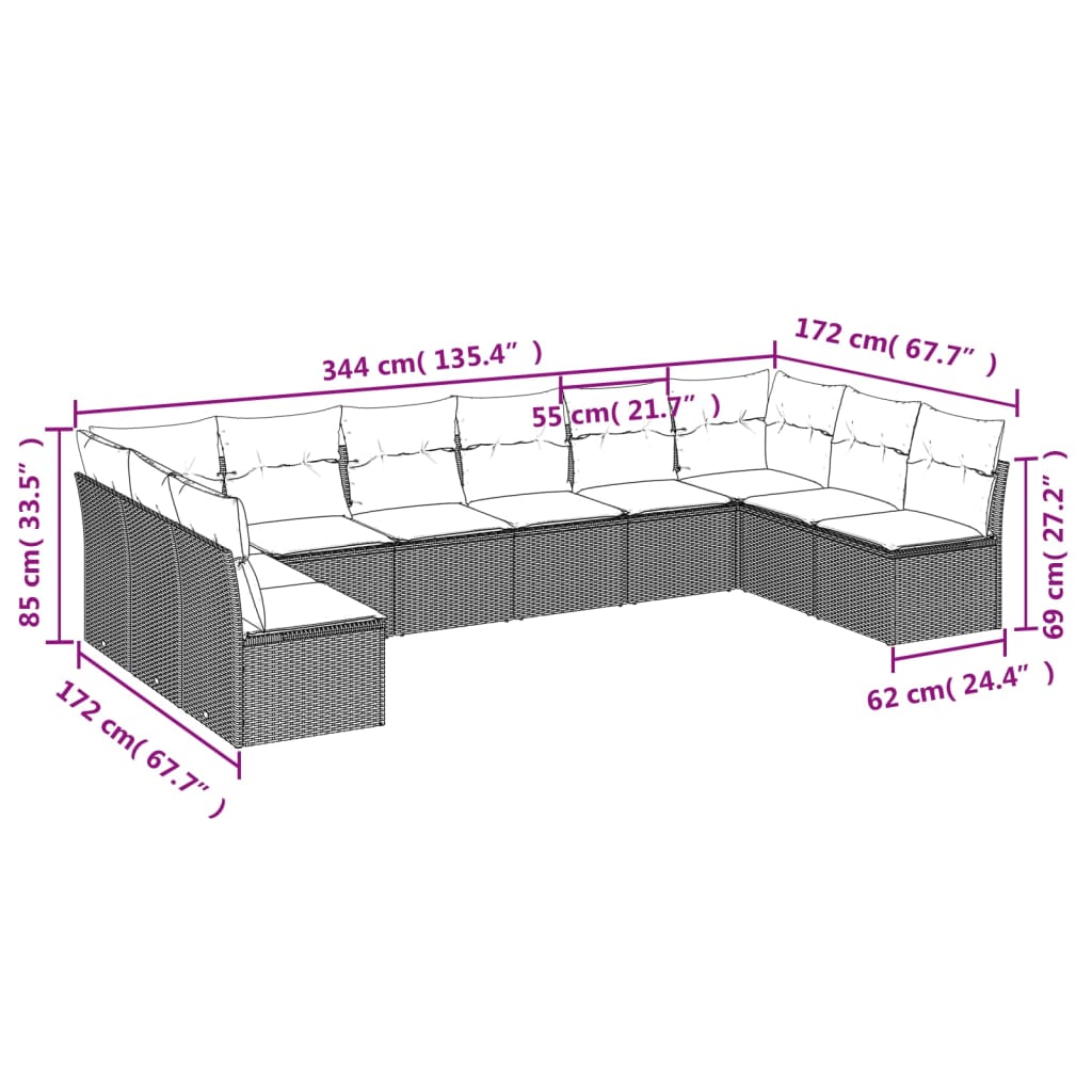 10-delige Loungeset met kussens poly rattan grijs