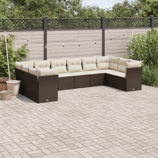 10-delige Loungeset met kussens poly rattan bruin