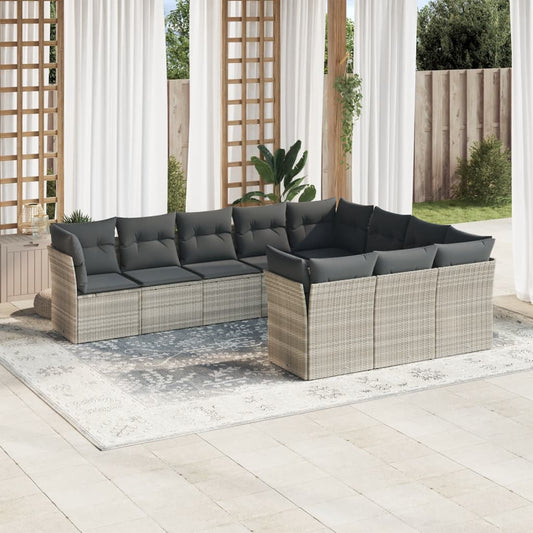 10-delige Loungeset met kussens poly rattan lichtgrijs