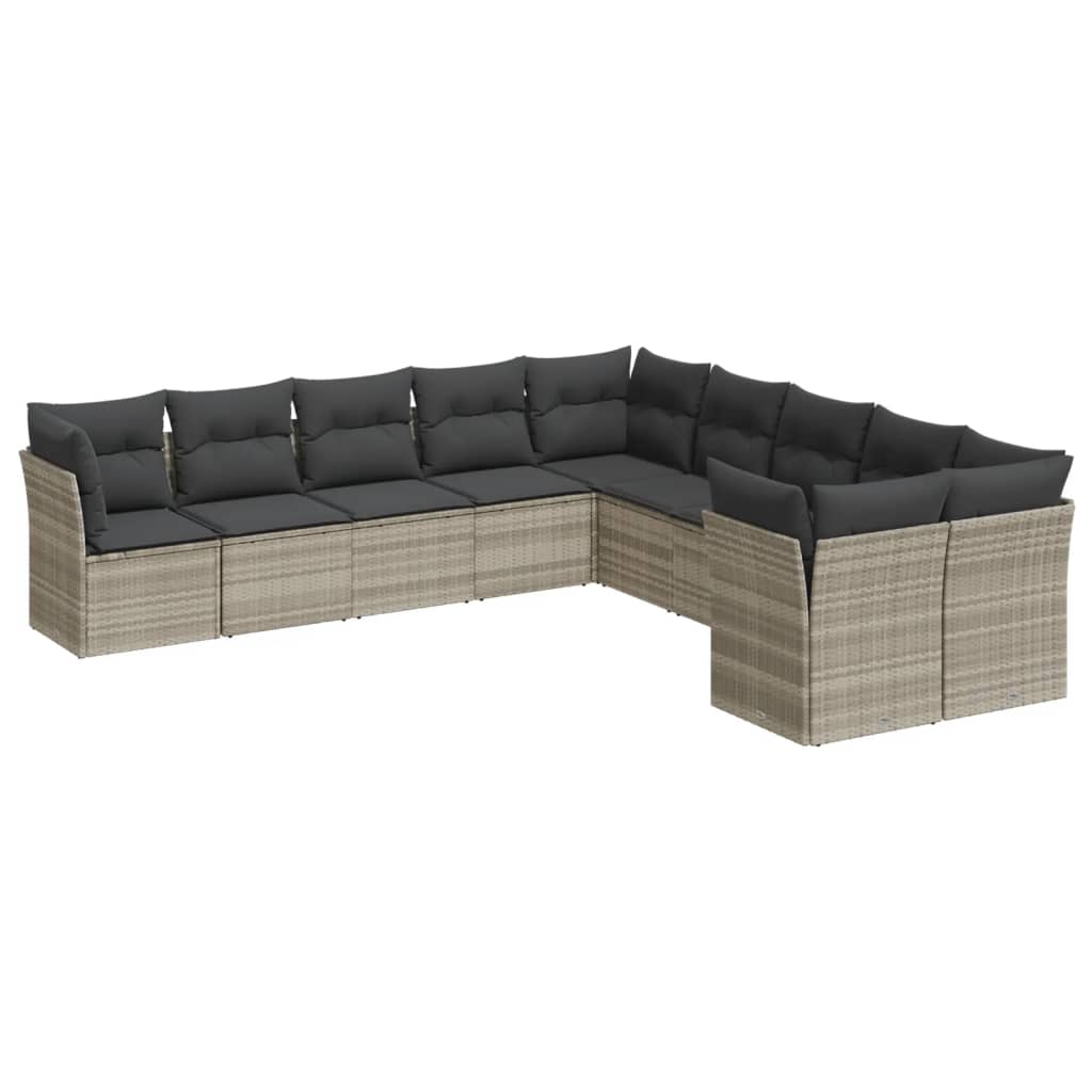 10-delige Loungeset met kussens poly rattan lichtgrijs