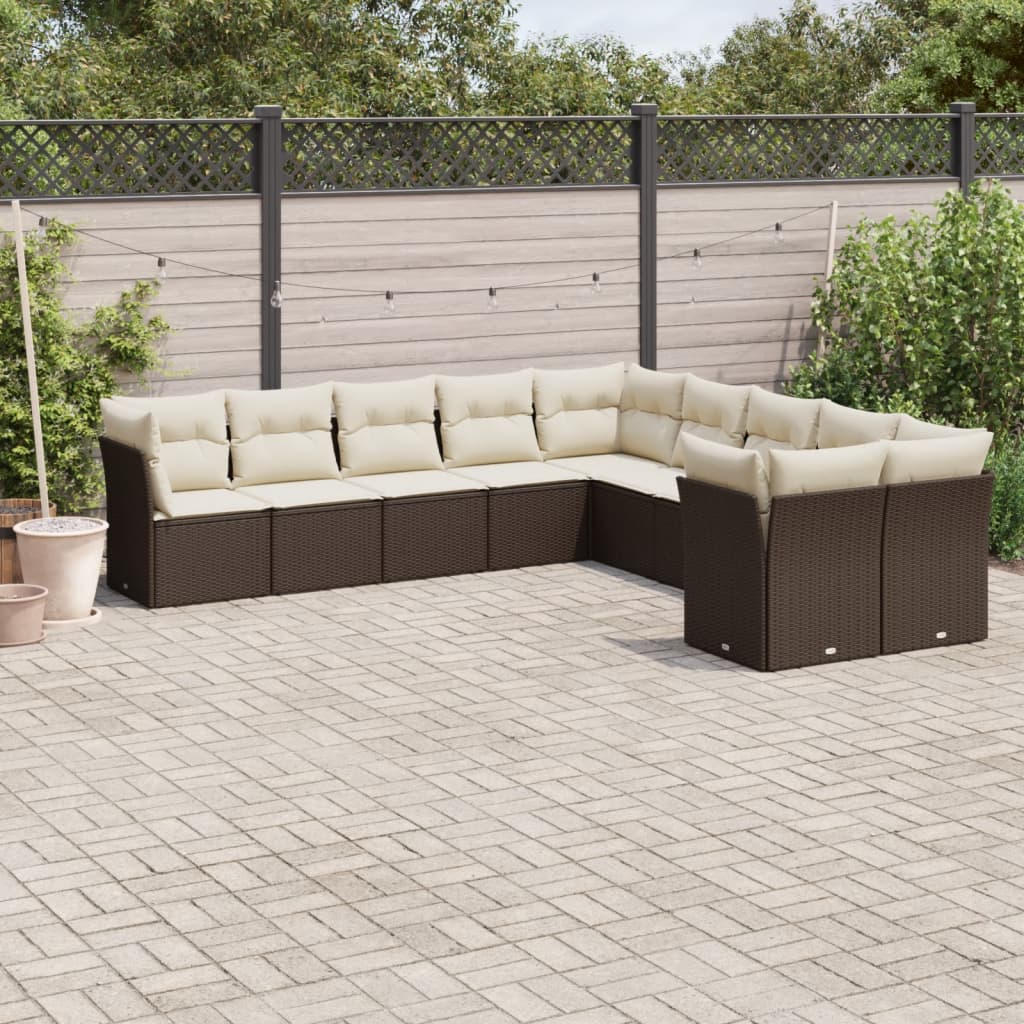 10-delige Loungeset met kussens poly rattan bruin