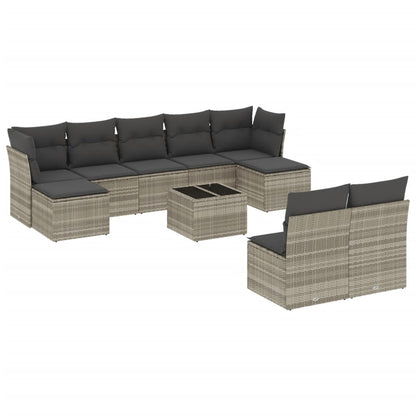 10-delige Loungeset met kussens poly rattan lichtgrijs