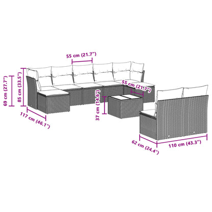 10-delige Loungeset met kussens poly rattan lichtgrijs