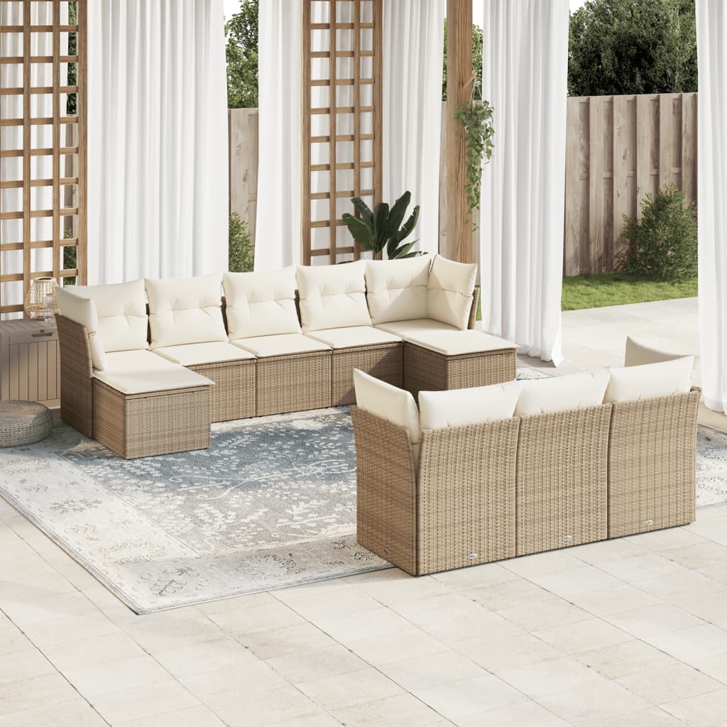 10-delige Loungeset met kussens poly rattan beige