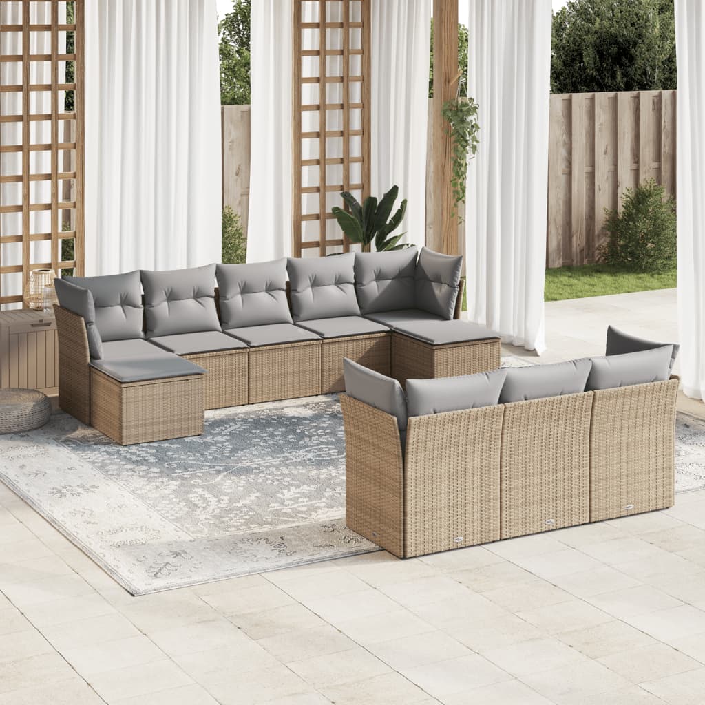 10-delige Loungeset met kussens poly rattan beige