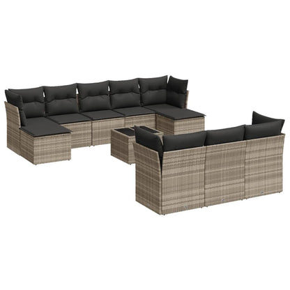 10-delige Loungeset met kussens poly rattan lichtgrijs