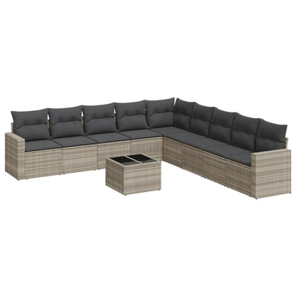 10-delige Loungeset met kussens poly rattan lichtgrijs