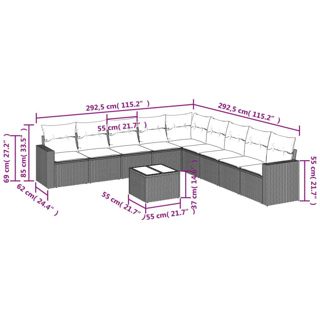 10-delige Loungeset met kussens poly rattan lichtgrijs