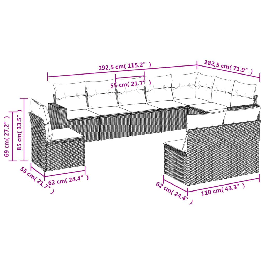 10-delige Loungeset met kussens poly rattan lichtgrijs