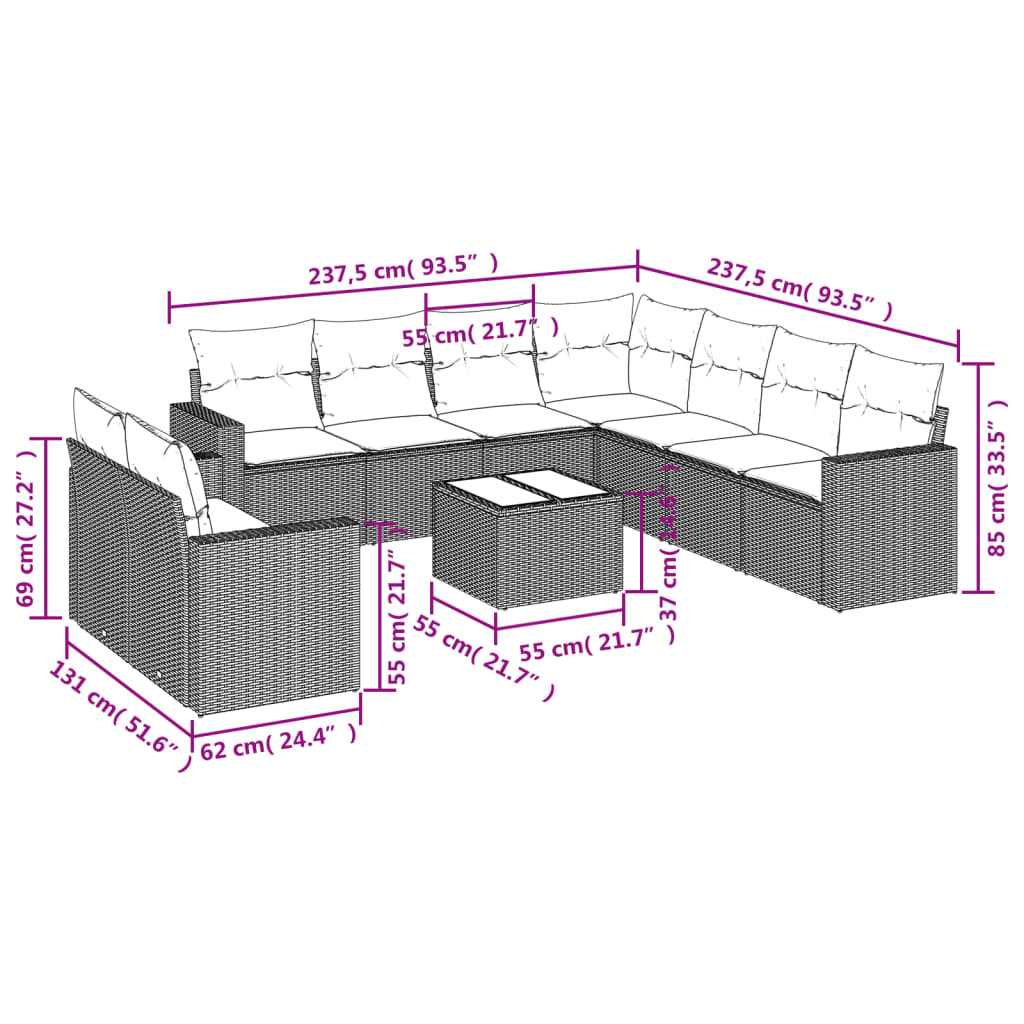 10-delige Loungeset met kussens poly rattan lichtgrijs