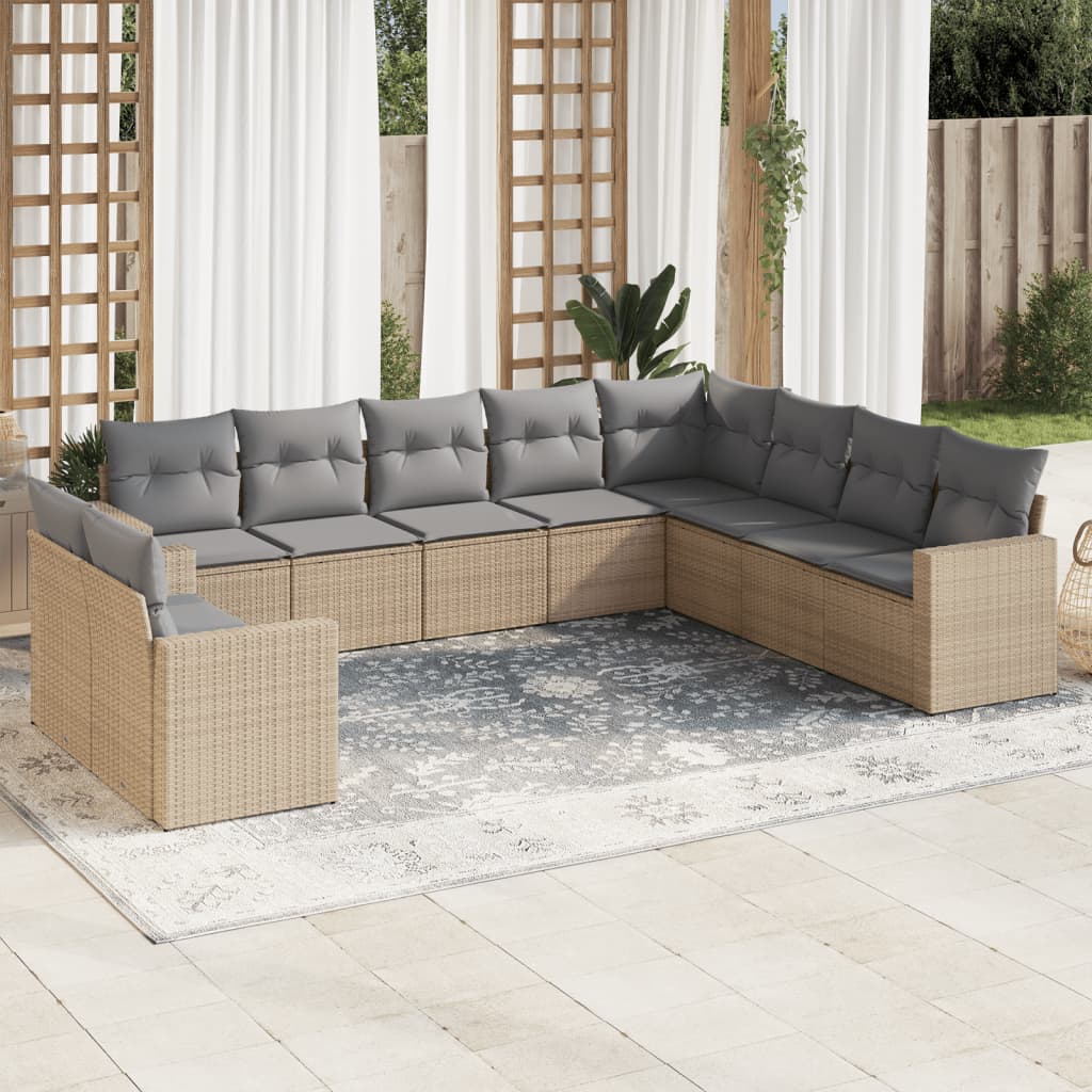 10-delige Loungeset met kussens poly rattan beige