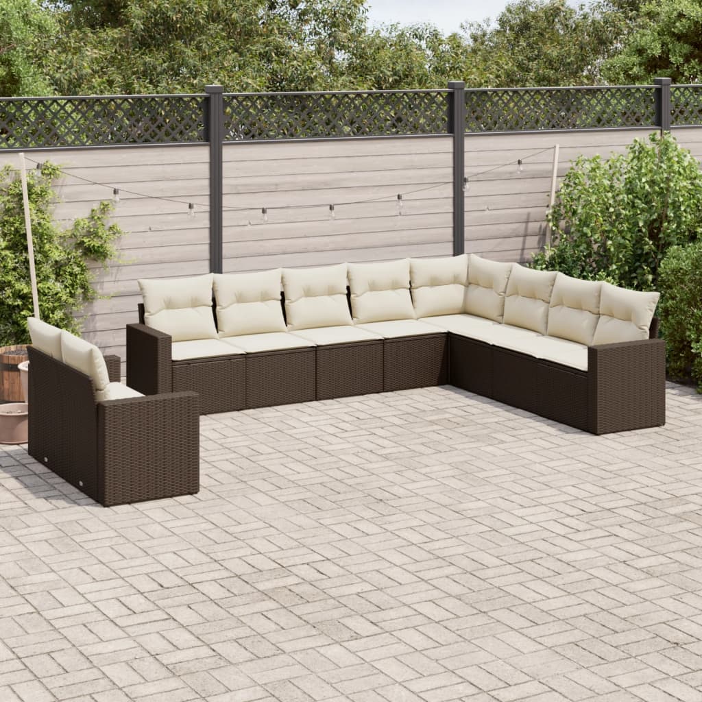 10-delige Loungeset met kussens poly rattan bruin