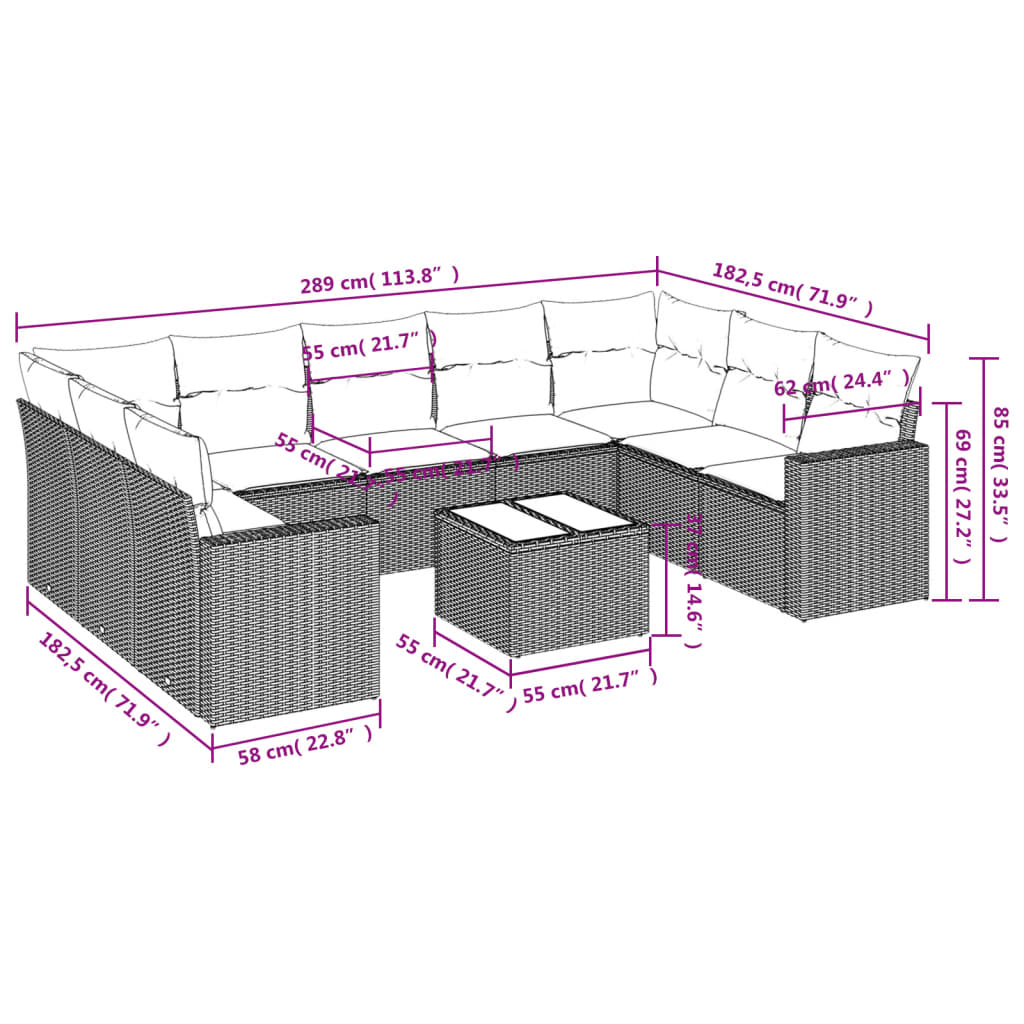 10-delige Loungeset met kussens poly rattan lichtgrijs