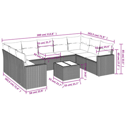 10-delige Loungeset met kussens poly rattan lichtgrijs