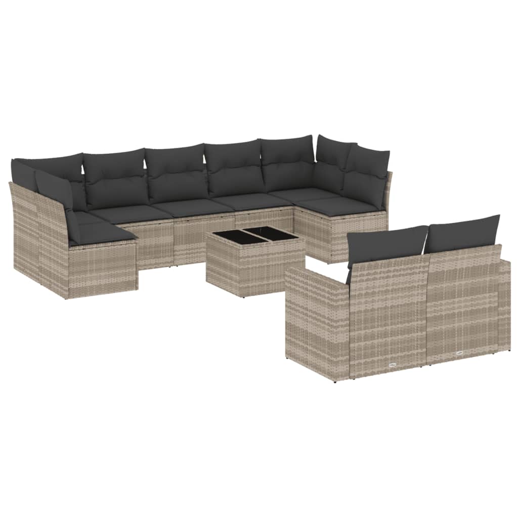 10-delige Loungeset met kussens poly rattan lichtgrijs