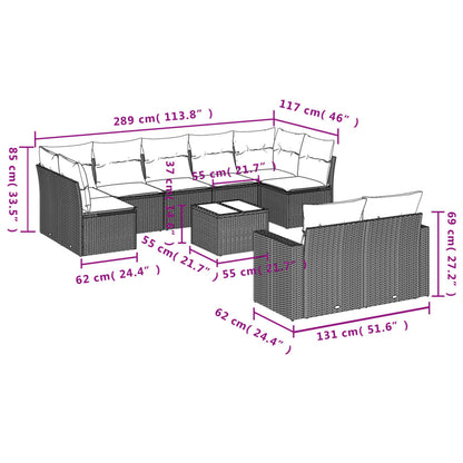 10-delige Loungeset met kussens poly rattan lichtgrijs